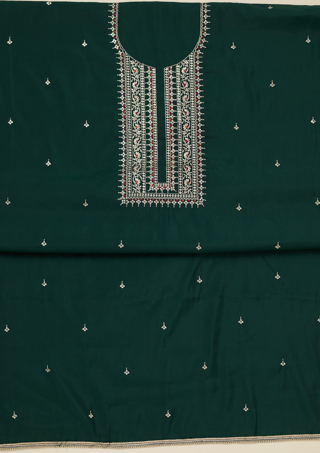 Bottle Green Zariwork (Gold) Dola Silk Unstitched Salwar Suit_koskii