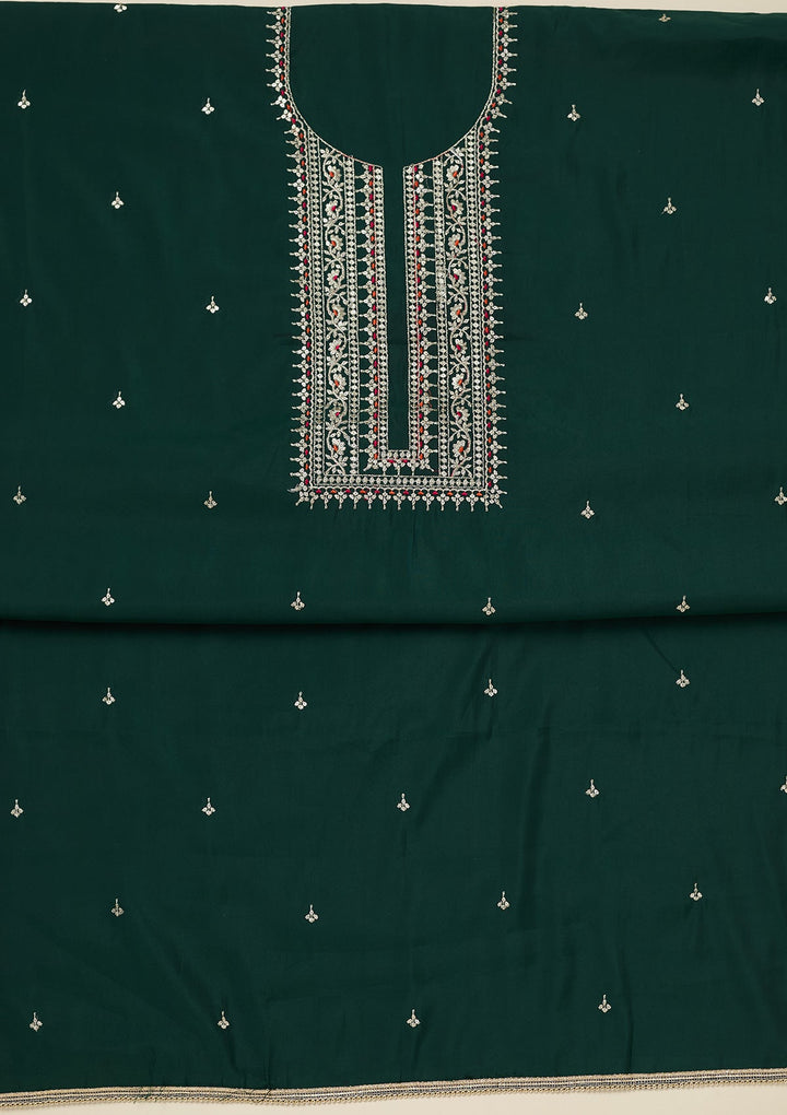 Bottle Green Zariwork (Gold) Dola Silk Unstitched Salwar Suit_koskii