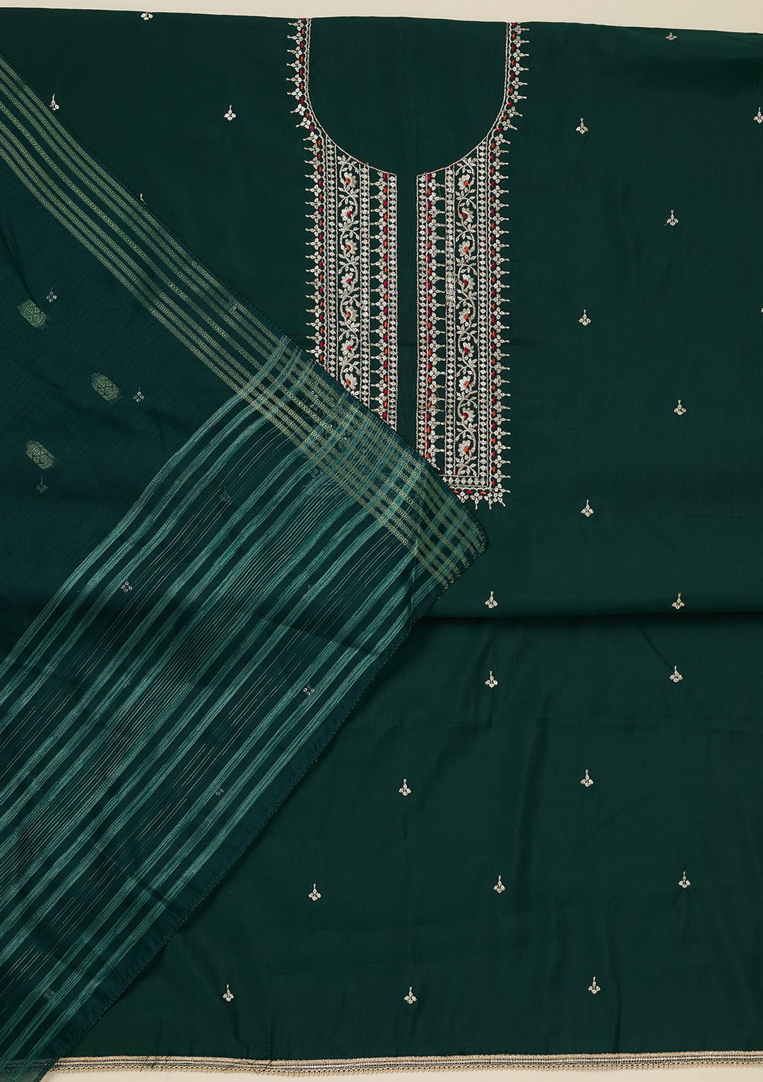 Bottle Green Zariwork (Gold) Dola Silk Unstitched Salwar Suit_koskii