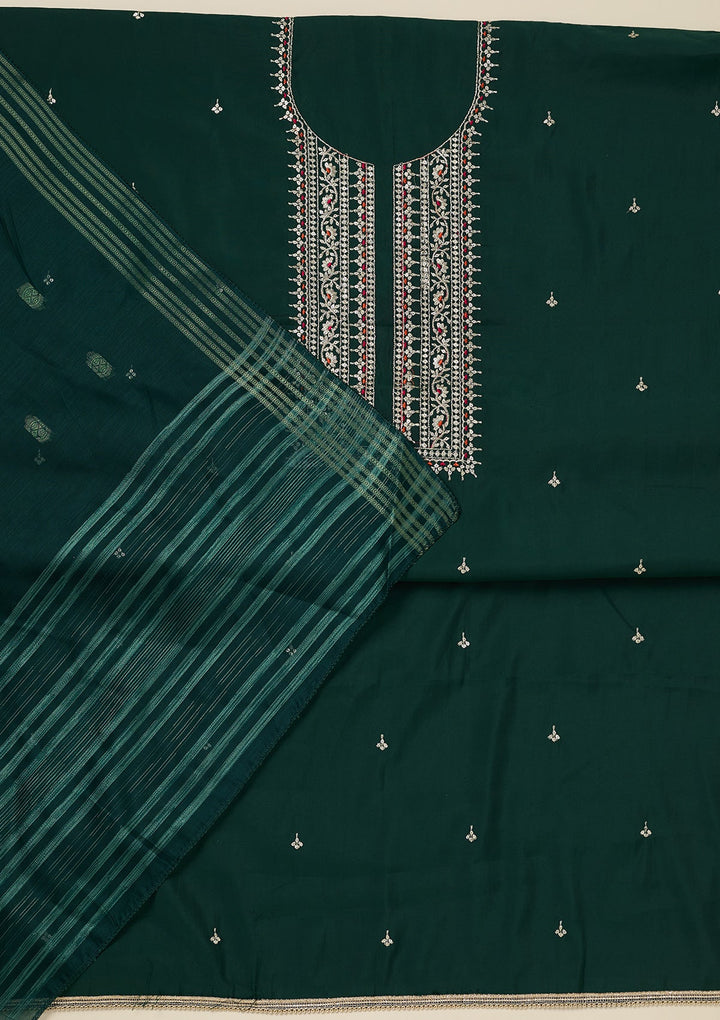 Bottle Green Zariwork (Gold) Dola Silk Unstitched Salwar Suit_koskii