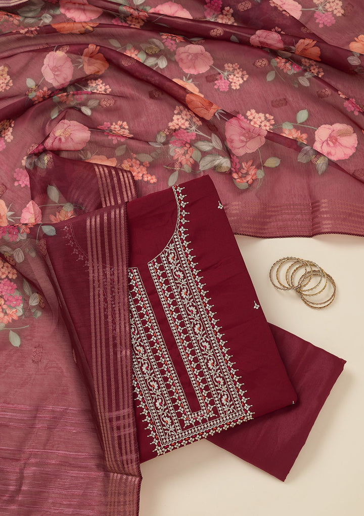 Maroon Zariwork (Gold) Dola Silk Unstitched Salwar Suit_koskii