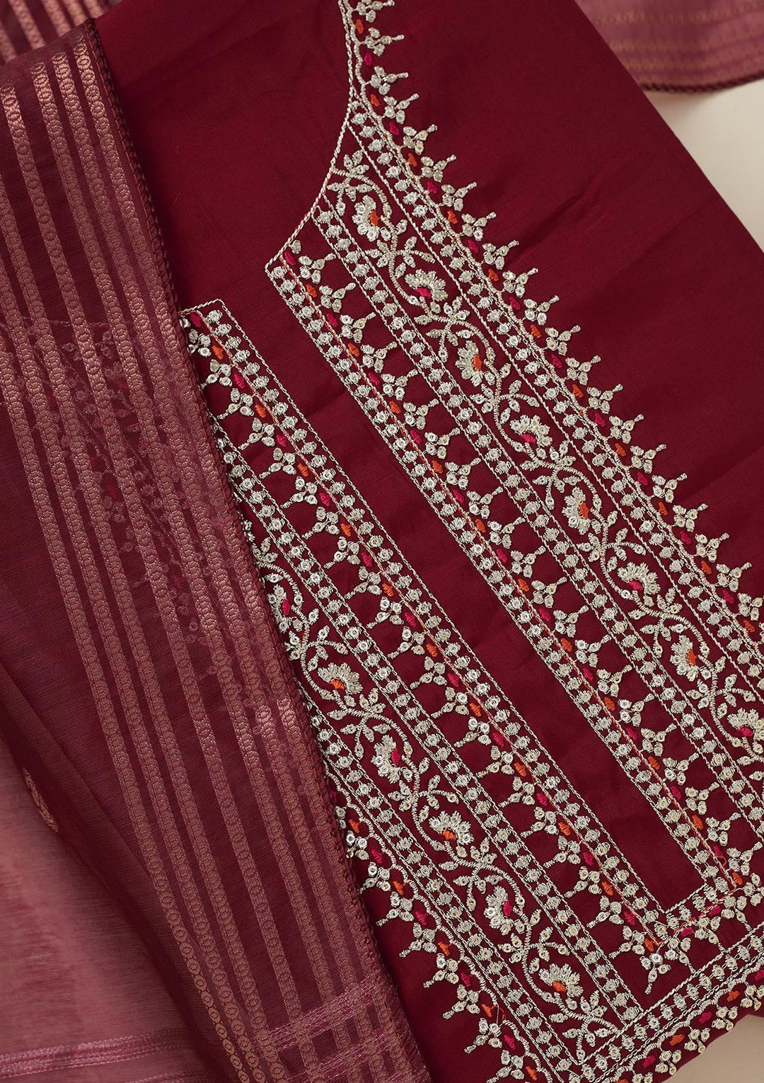 Maroon Zariwork (Gold) Dola Silk Unstitched Salwar Suit_koskii