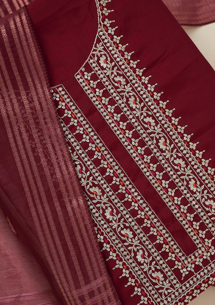 Maroon Zariwork (Gold) Dola Silk Unstitched Salwar Suit_koskii