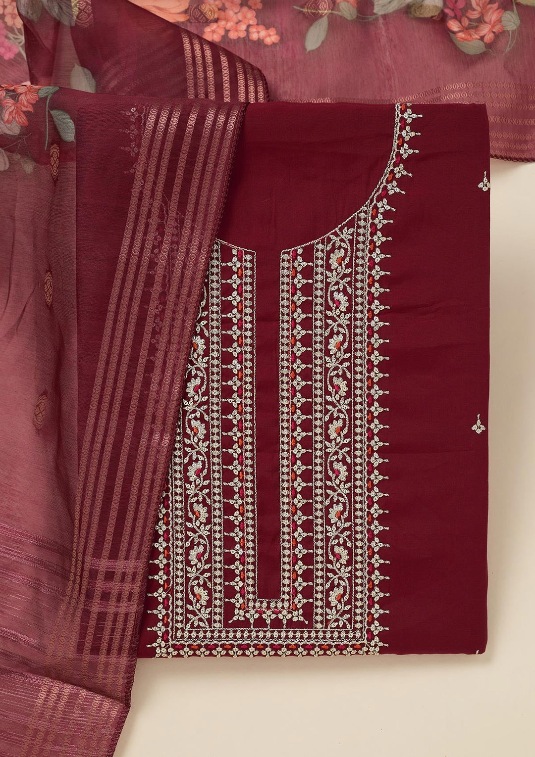Maroon Zariwork (Gold) Dola Silk Unstitched Salwar Suit_koskii