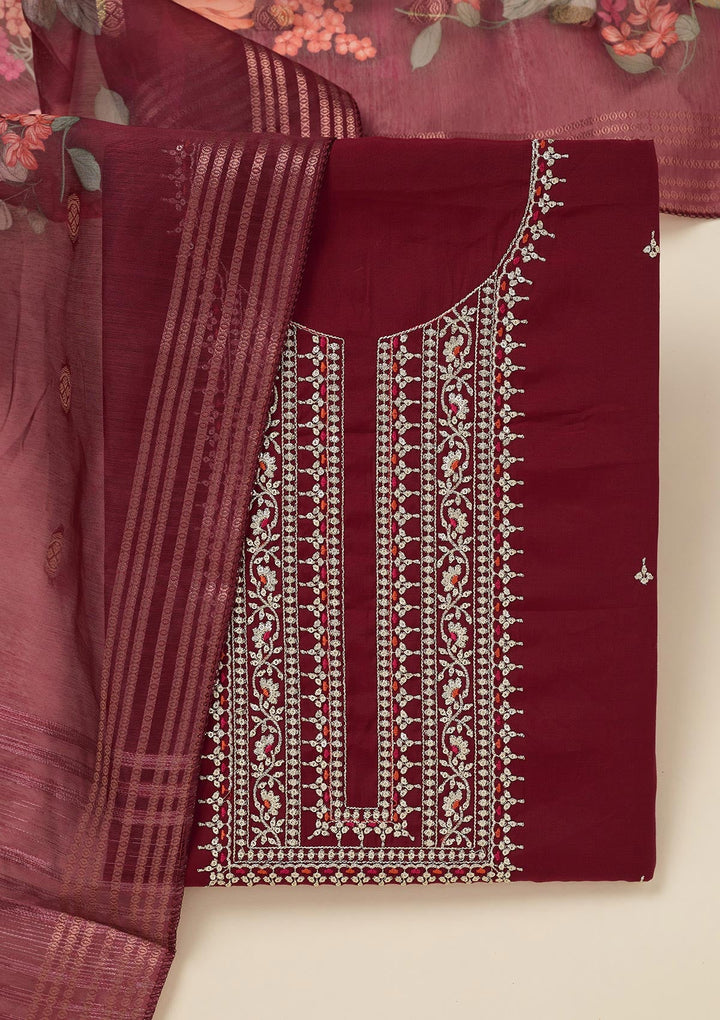 Maroon Zariwork (Gold) Dola Silk Unstitched Salwar Suit_koskii