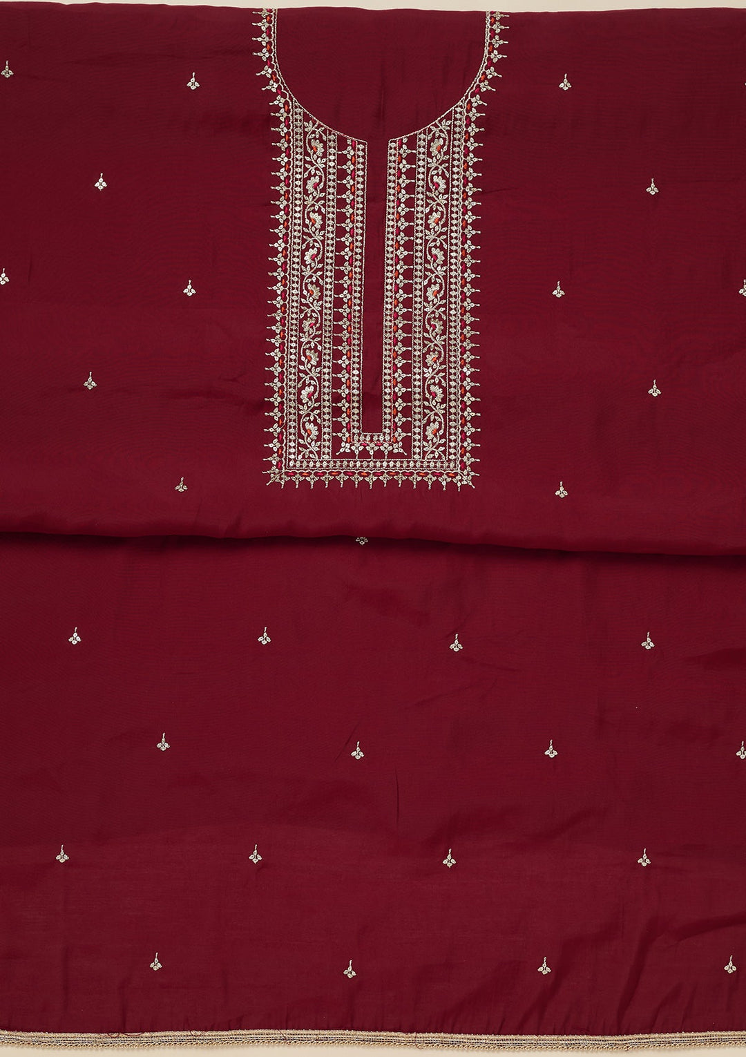 Maroon Zariwork (Gold) Dola Silk Unstitched Salwar Suit_koskii