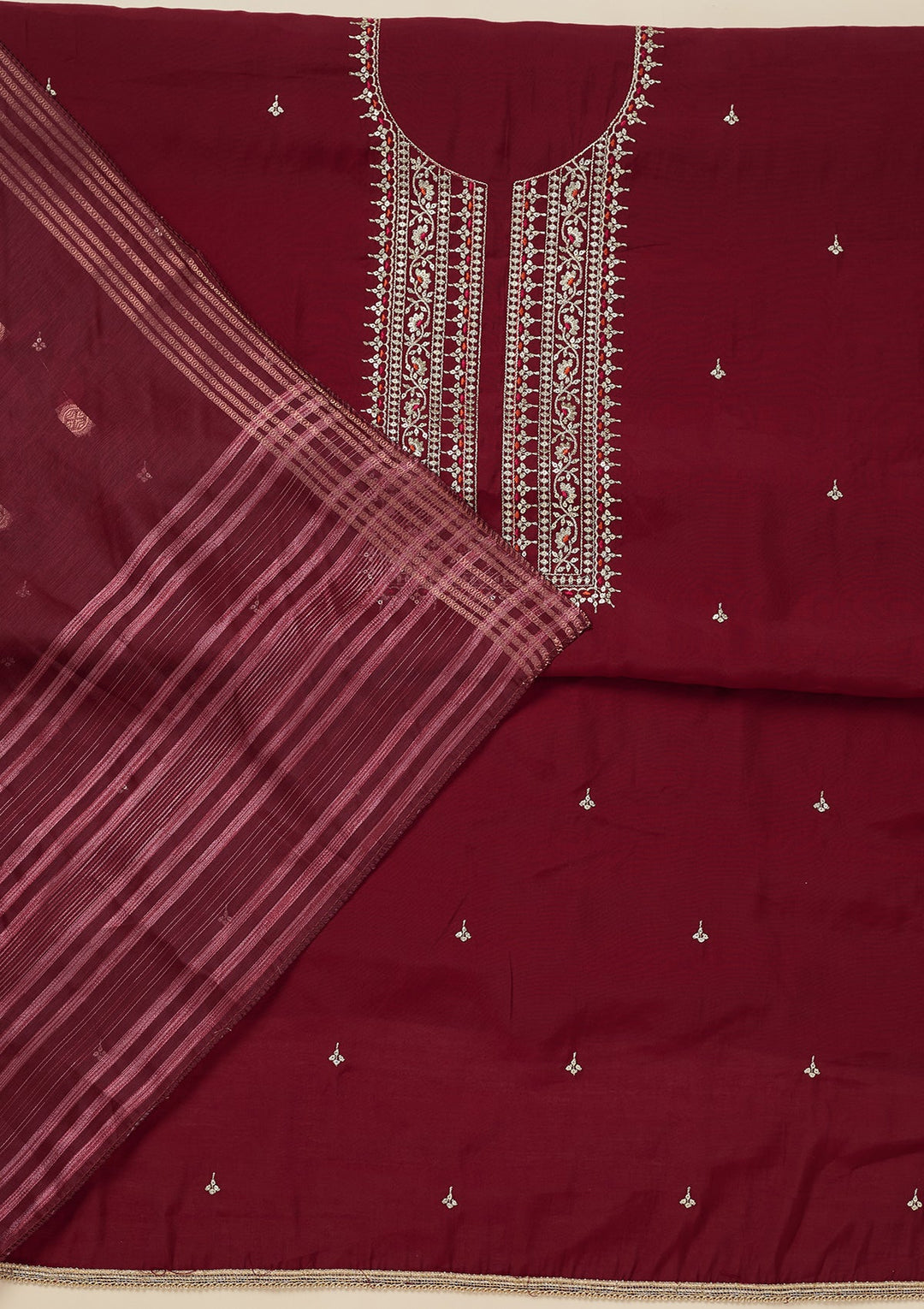 Maroon Zariwork (Gold) Dola Silk Unstitched Salwar Suit_koskii