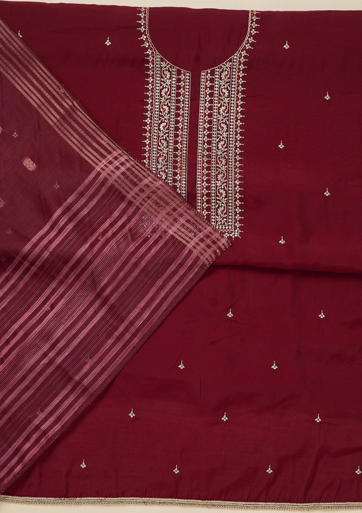 Maroon Zariwork (Gold) Dola Silk Unstitched Salwar Suit_koskii