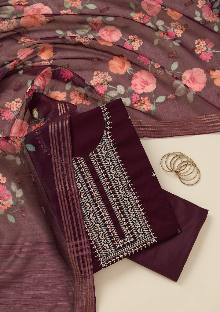 Wine Zariwork (Gold) Dola Silk Unstitched Salwar Suit_koskii