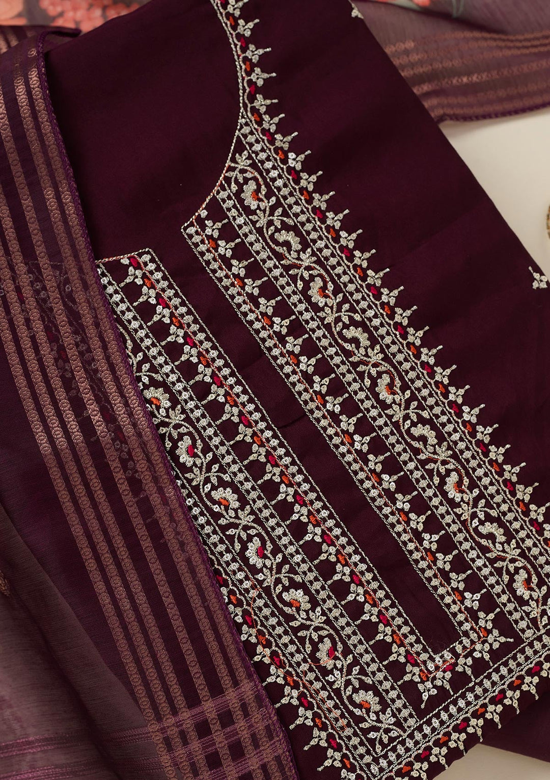 Wine Zariwork (Gold) Dola Silk Unstitched Salwar Suit_koskii