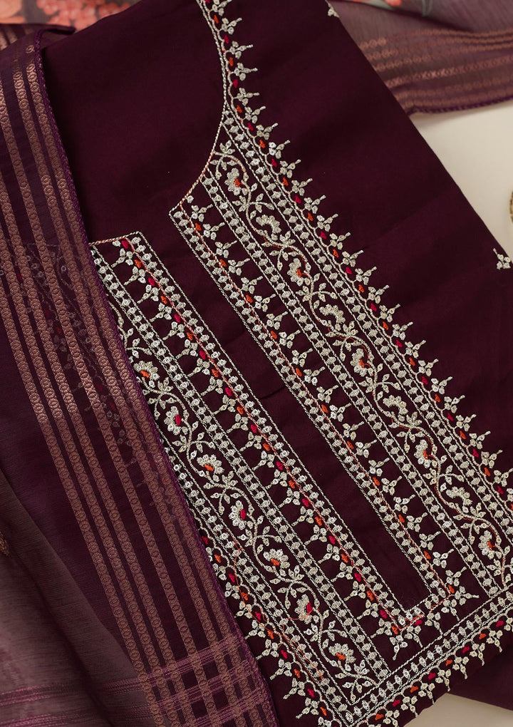 Wine Zariwork (Gold) Dola Silk Unstitched Salwar Suit_koskii