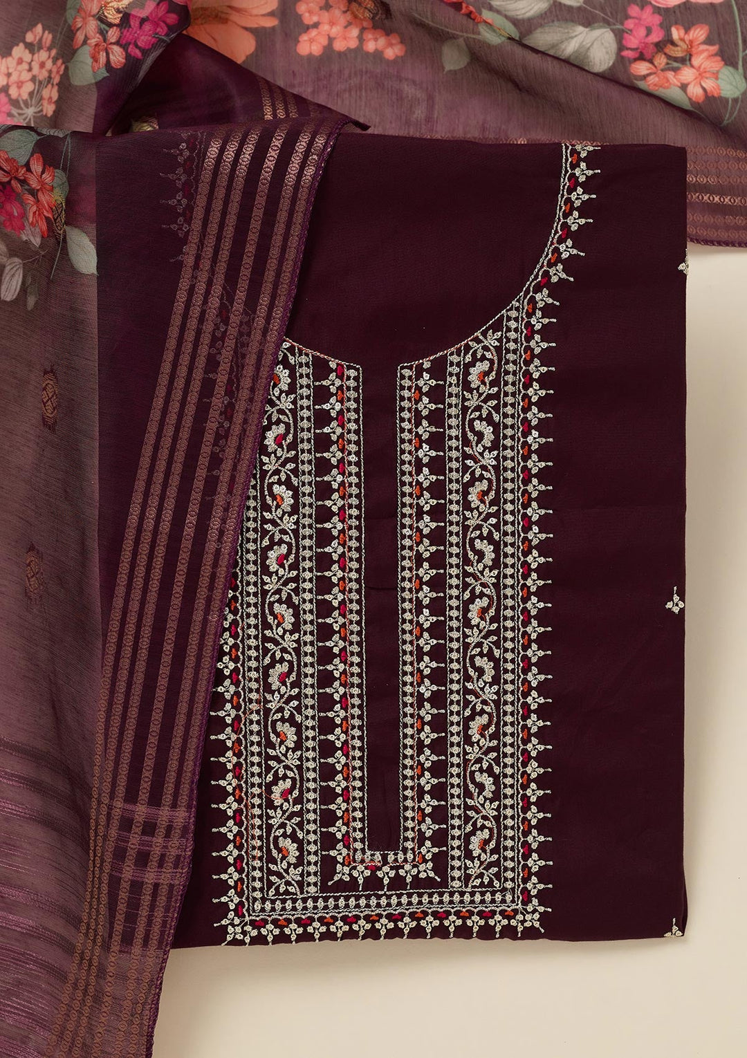 Wine Zariwork (Gold) Dola Silk Unstitched Salwar Suit_koskii