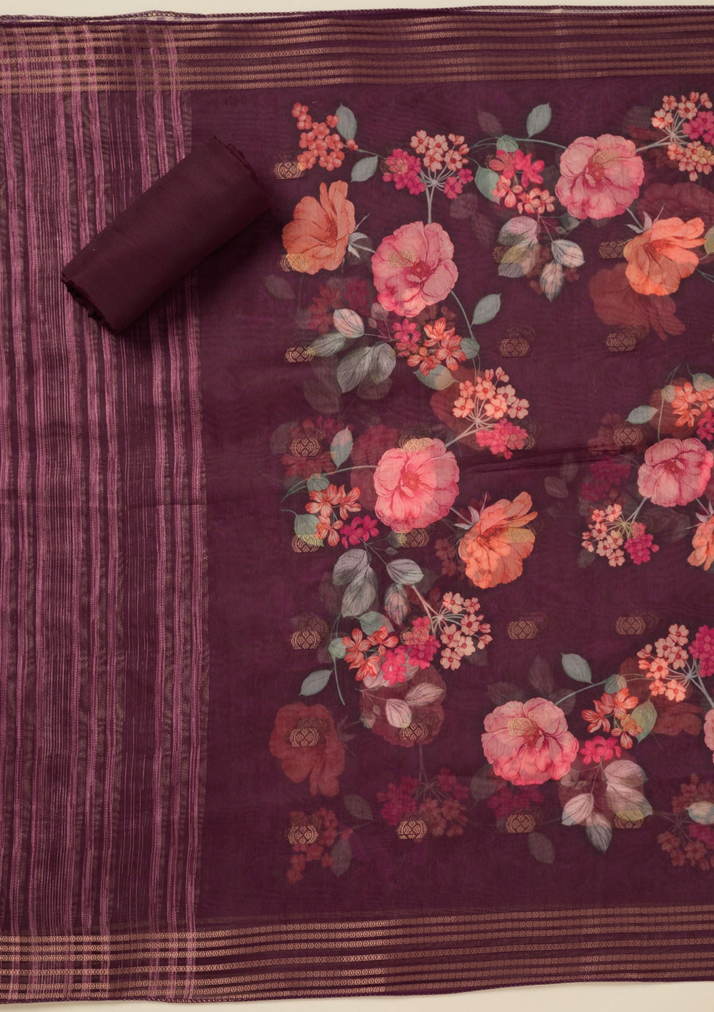 Wine Zariwork (Gold) Dola Silk Unstitched Salwar Suit_koskii