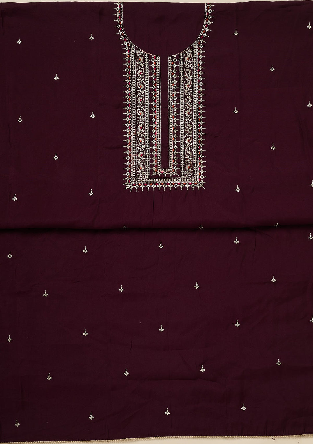 Wine Zariwork (Gold) Dola Silk Unstitched Salwar Suit_koskii