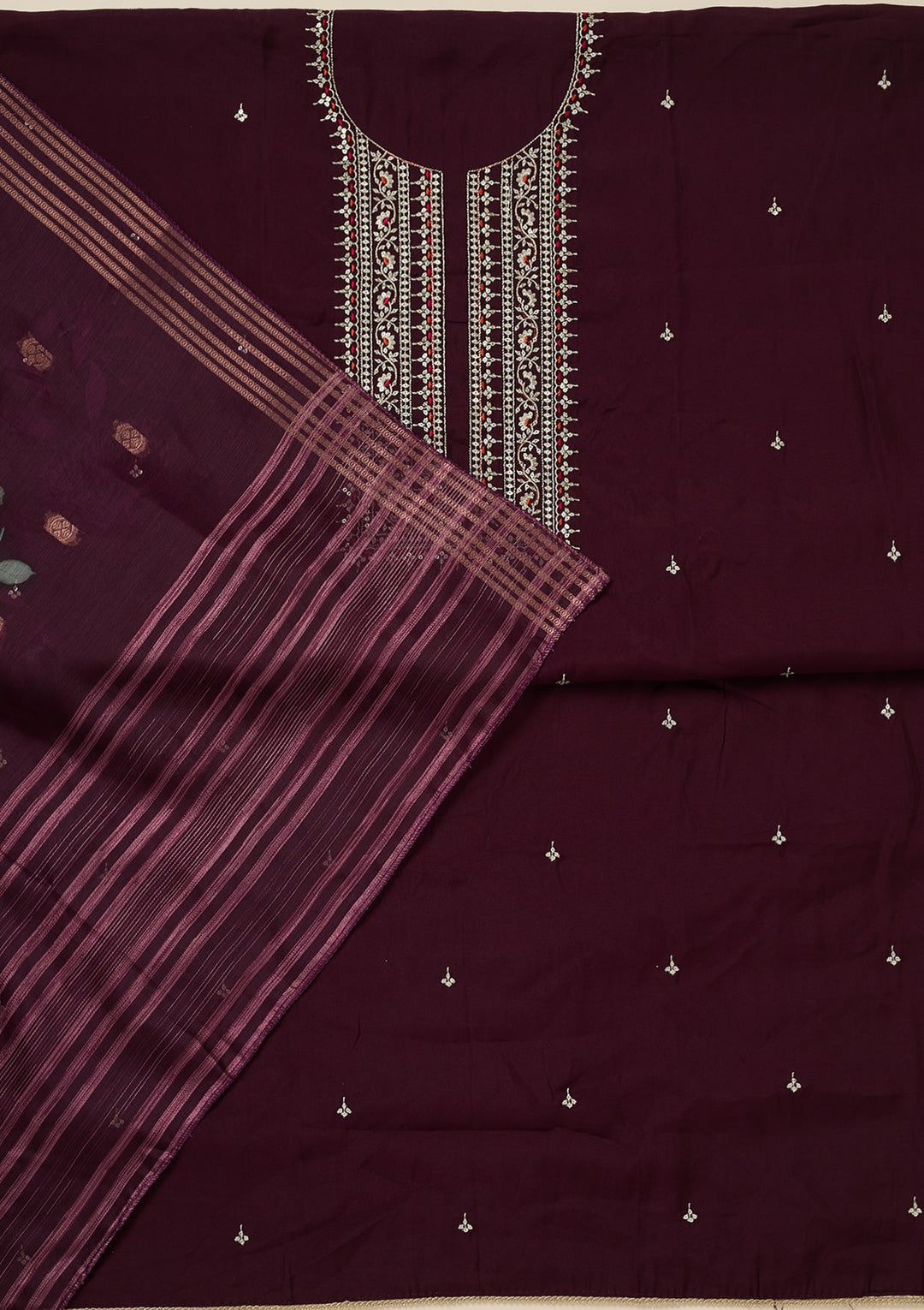 Wine Zariwork (Gold) Dola Silk Unstitched Salwar Suit_koskii