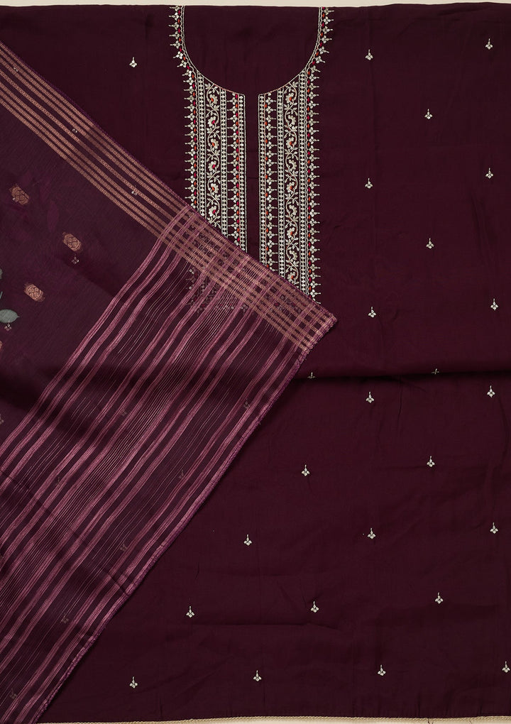 Wine Zariwork (Gold) Dola Silk Unstitched Salwar Suit_koskii