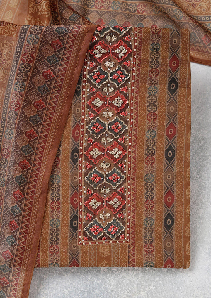 Brown Threadwork Chanderi Unstitched Salwar Suit_koskii