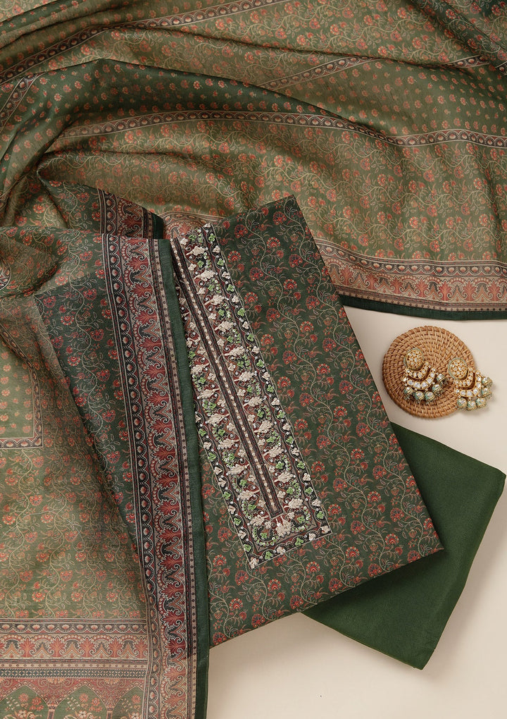 Leaf Green Threadwork Chanderi Unstitched Salwar Suit_koskii