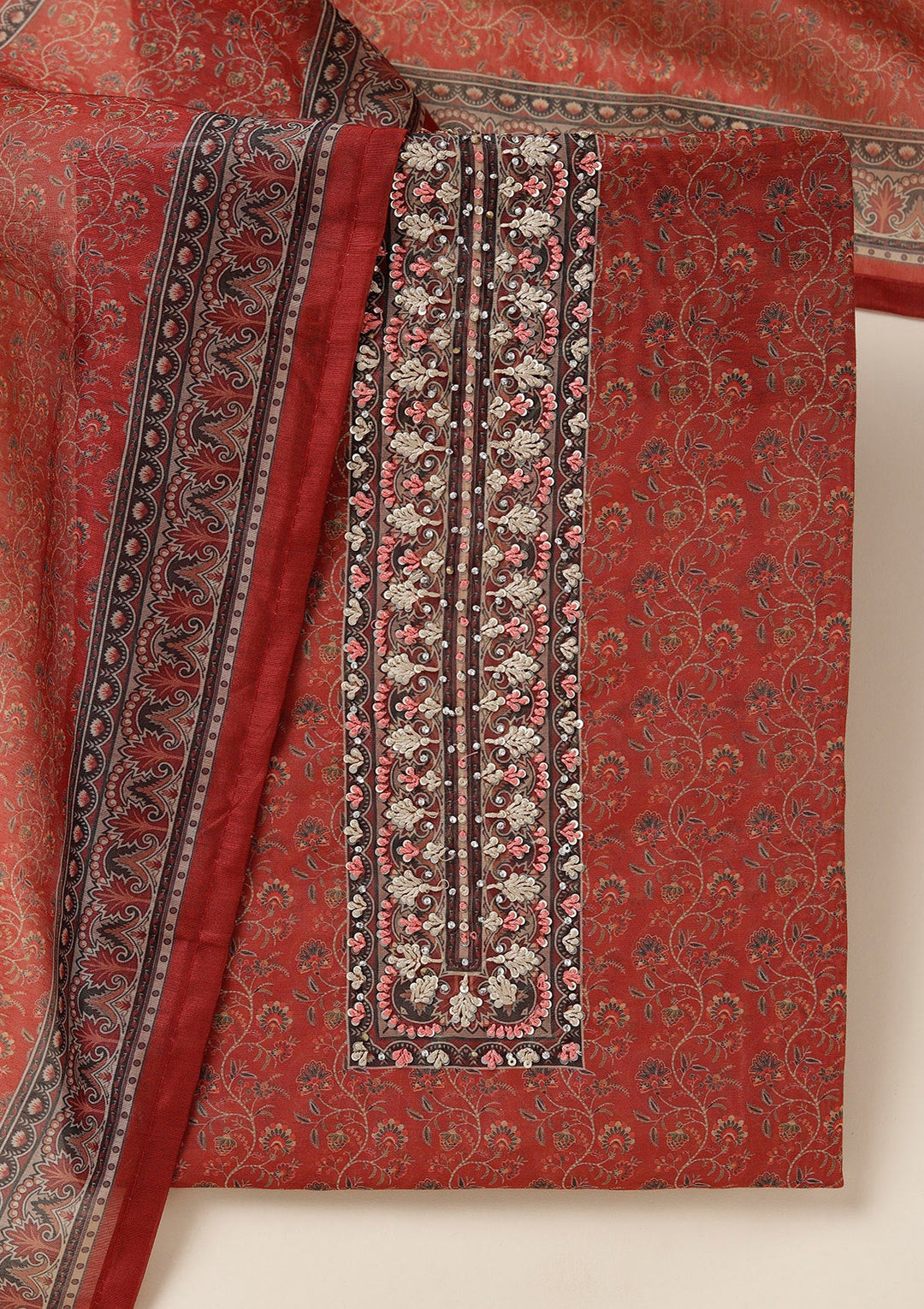 Rust Threadwork Chanderi Unstitched Salwar Suit_koskii