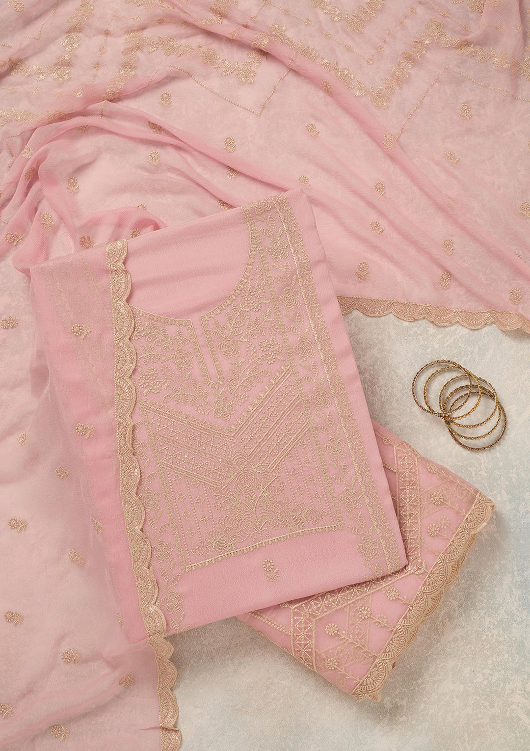 Baby Pink Threadwork Chinon Unstitched Salwar Suit_koskii