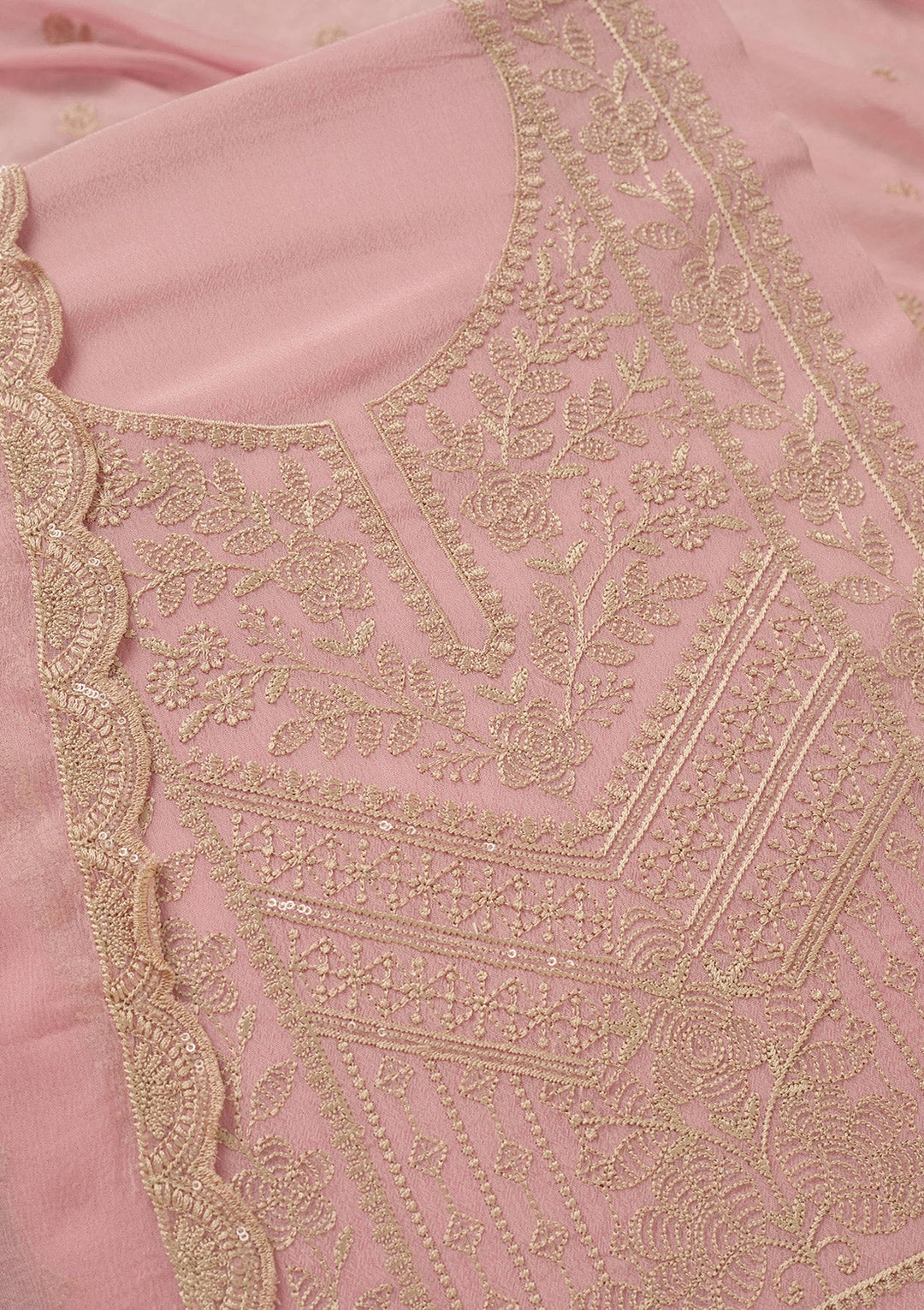 Baby Pink Threadwork Chinon Unstitched Salwar Suit_koskii