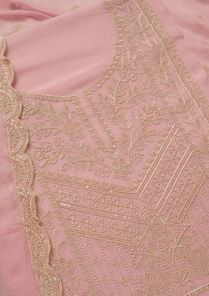 Baby Pink Threadwork Chinon Unstitched Salwar Suit_koskii