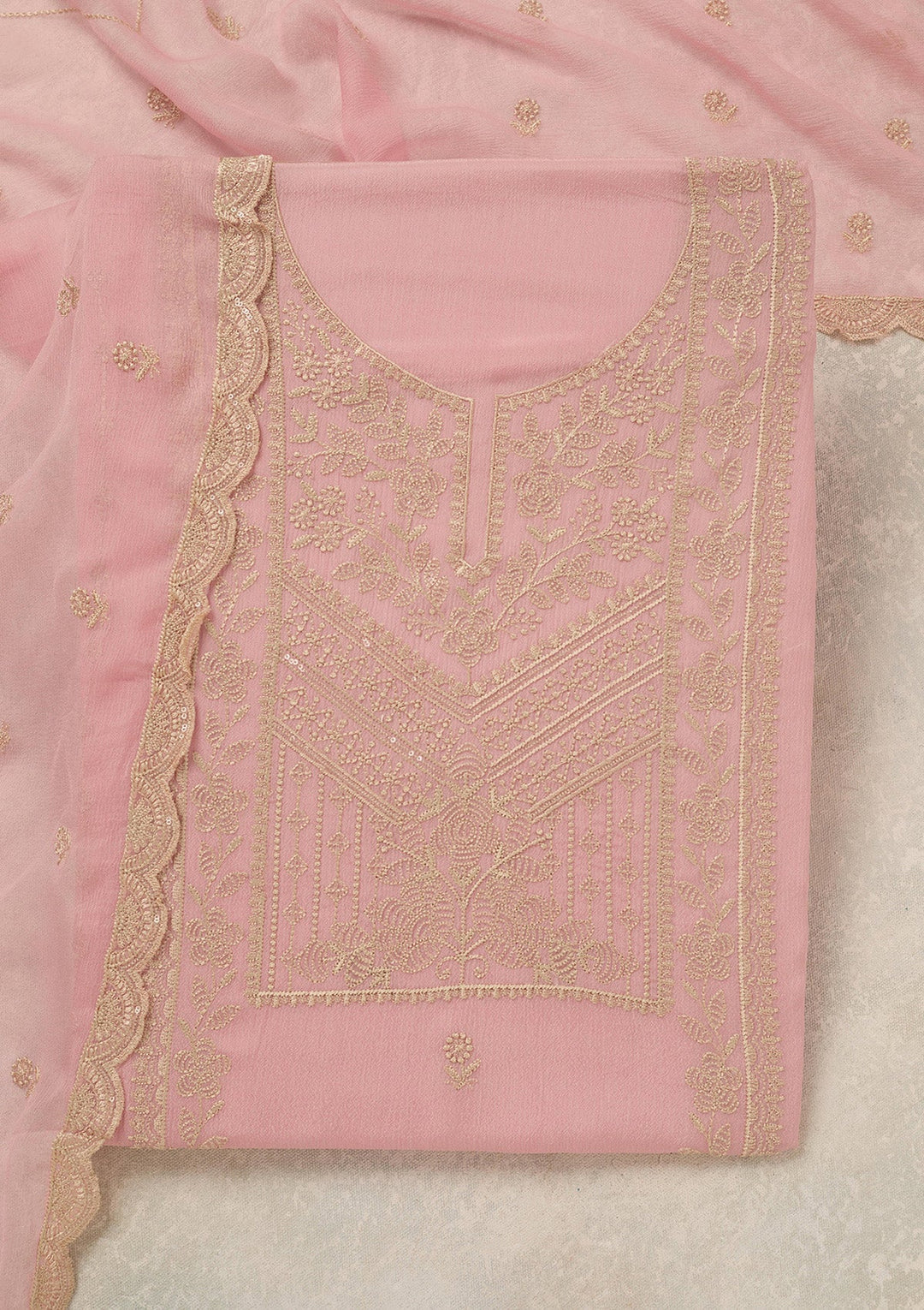 Baby Pink Threadwork Chinon Unstitched Salwar Suit_koskii