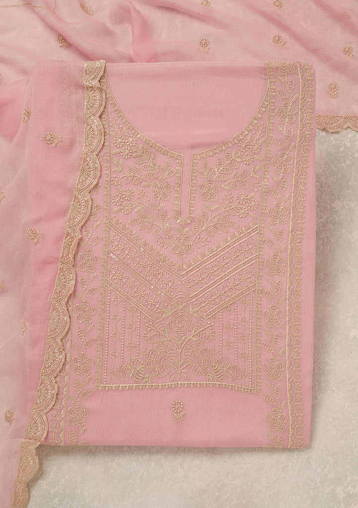 Baby Pink Threadwork Chinon Unstitched Salwar Suit_koskii