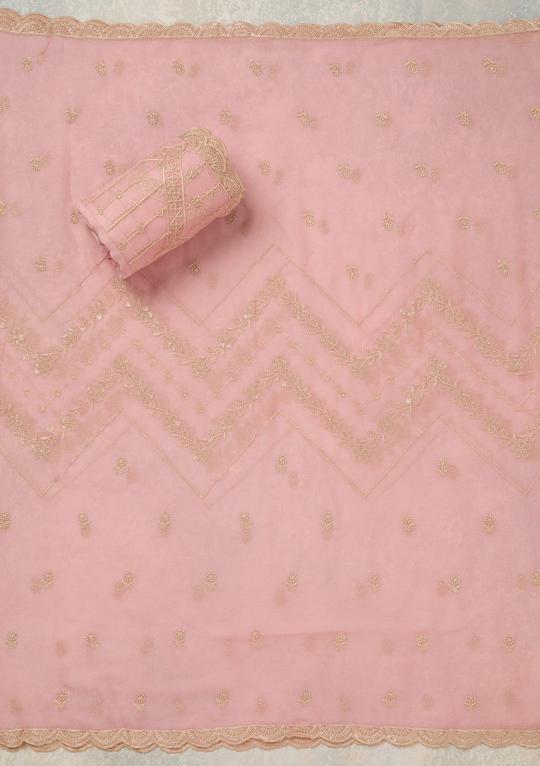 Baby Pink Threadwork Chinon Unstitched Salwar Suit_koskii