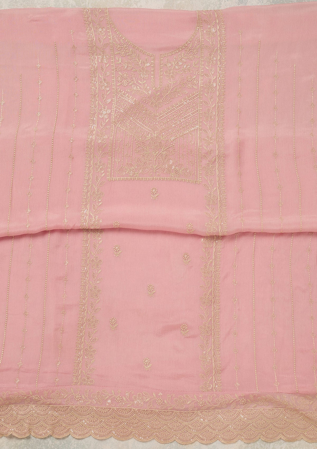 Baby Pink Threadwork Chinon Unstitched Salwar Suit_koskii