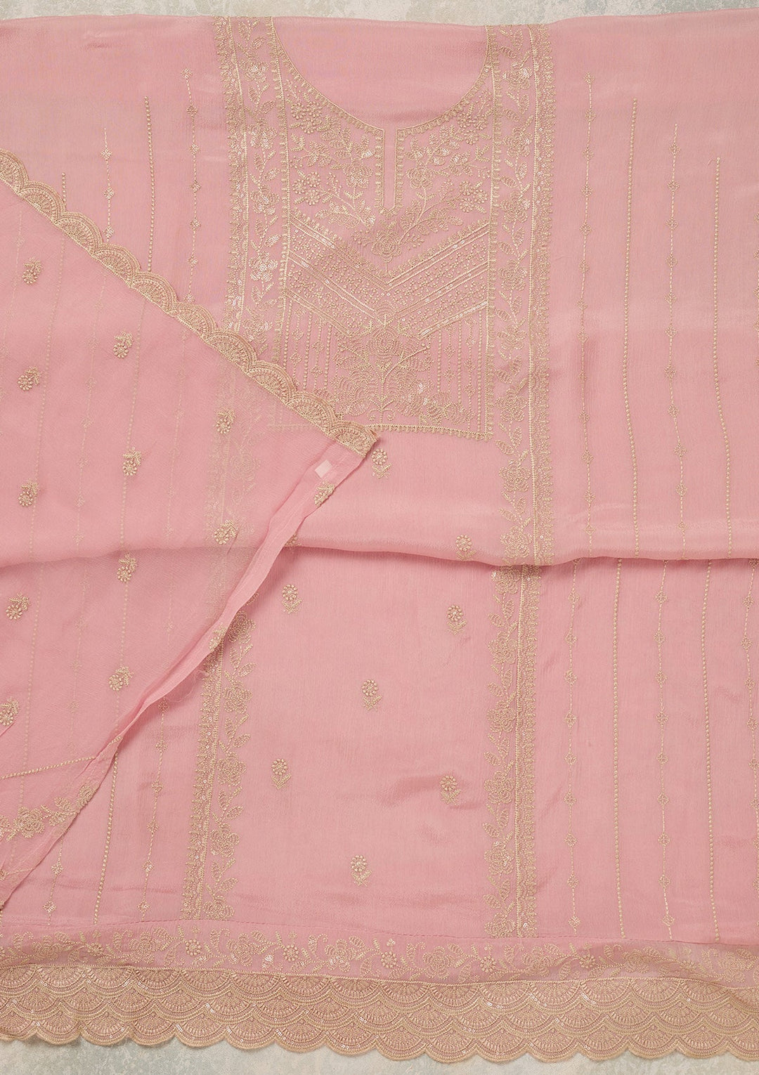 Baby Pink Threadwork Chinon Unstitched Salwar Suit_koskii