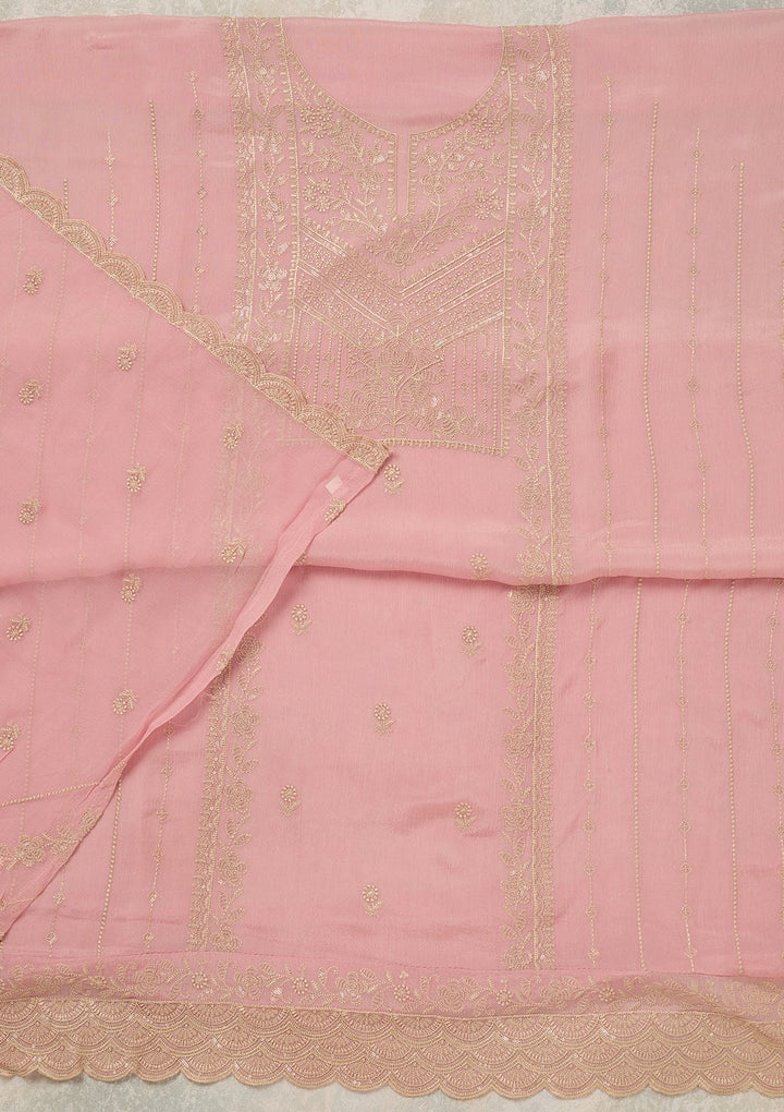 Baby Pink Threadwork Chinon Unstitched Salwar Suit_koskii