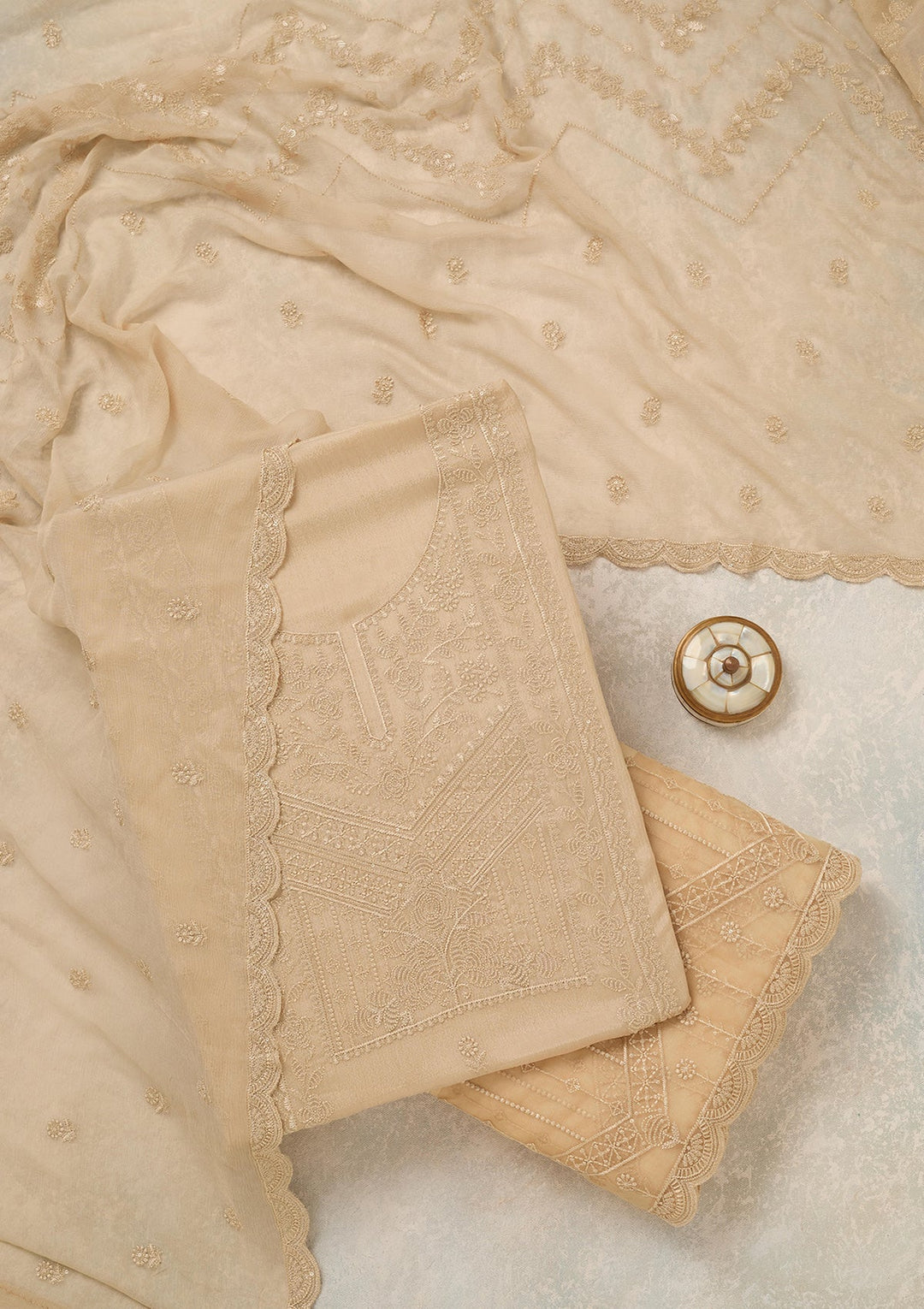 Beige Threadwork Chinon Unstitched Salwar Suit_koskii