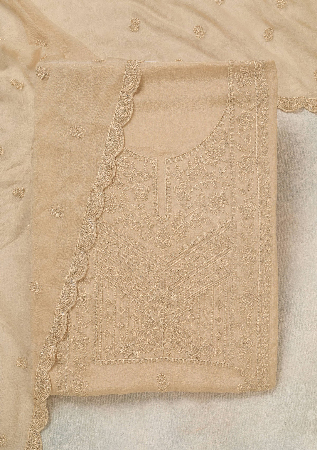 Beige Threadwork Chinon Unstitched Salwar Suit_koskii