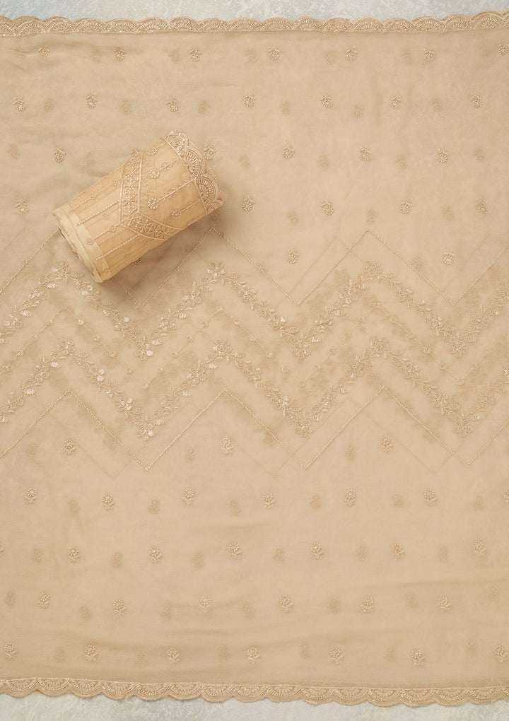 Beige Threadwork Chinon Unstitched Salwar Suit_koskii