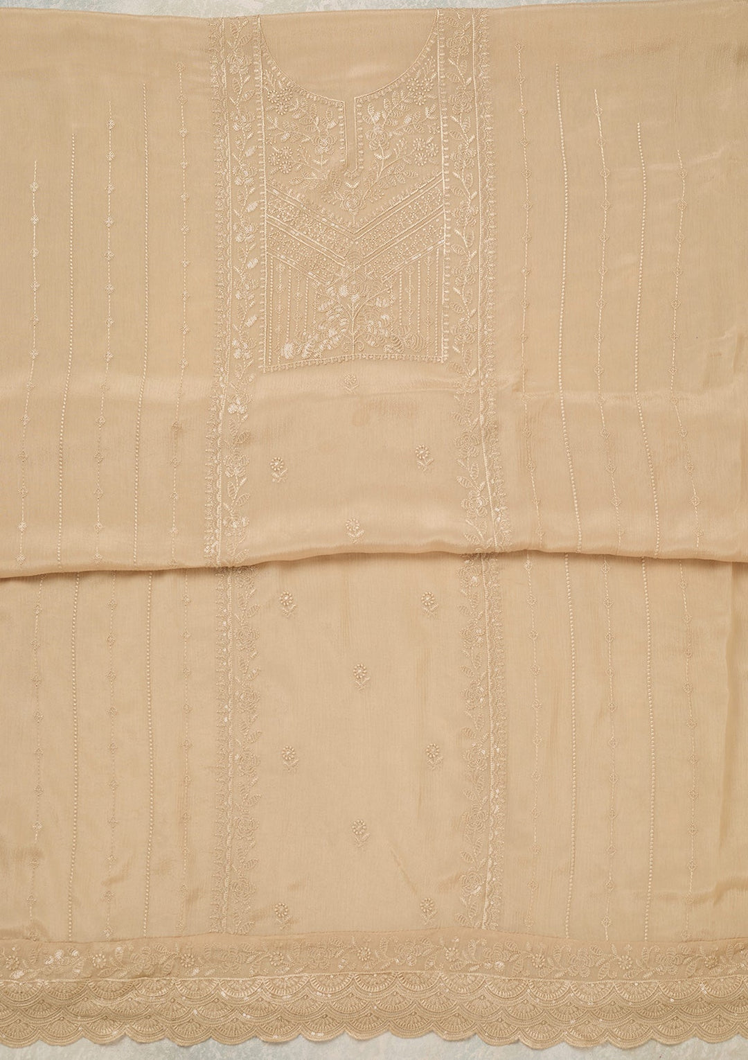 Beige Threadwork Chinon Unstitched Salwar Suit_koskii