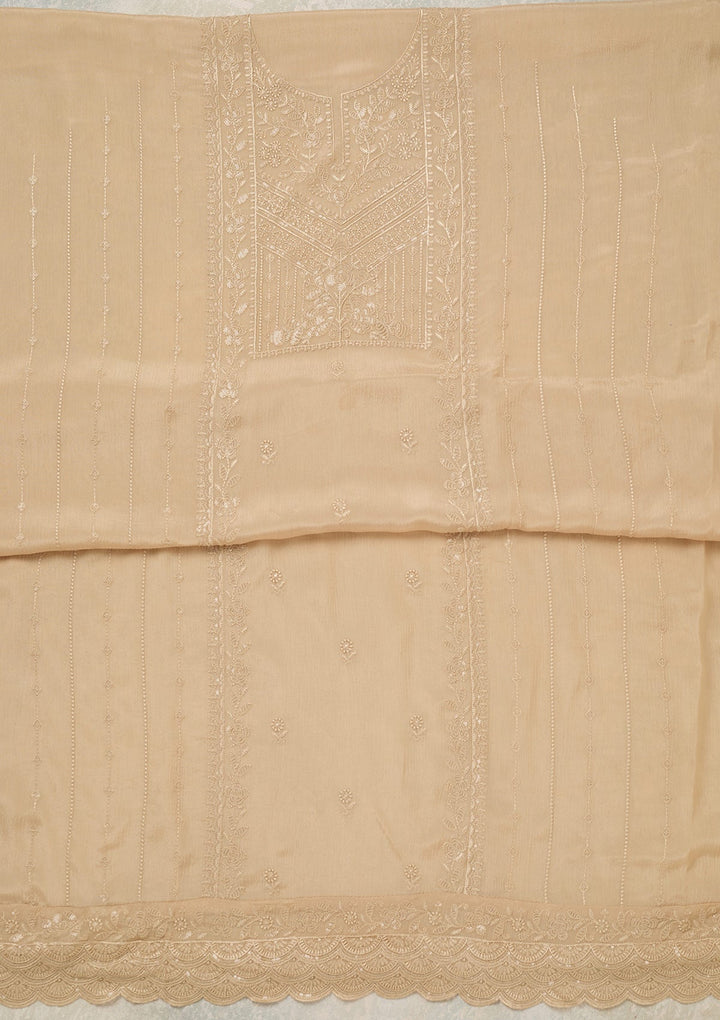 Beige Threadwork Chinon Unstitched Salwar Suit_koskii