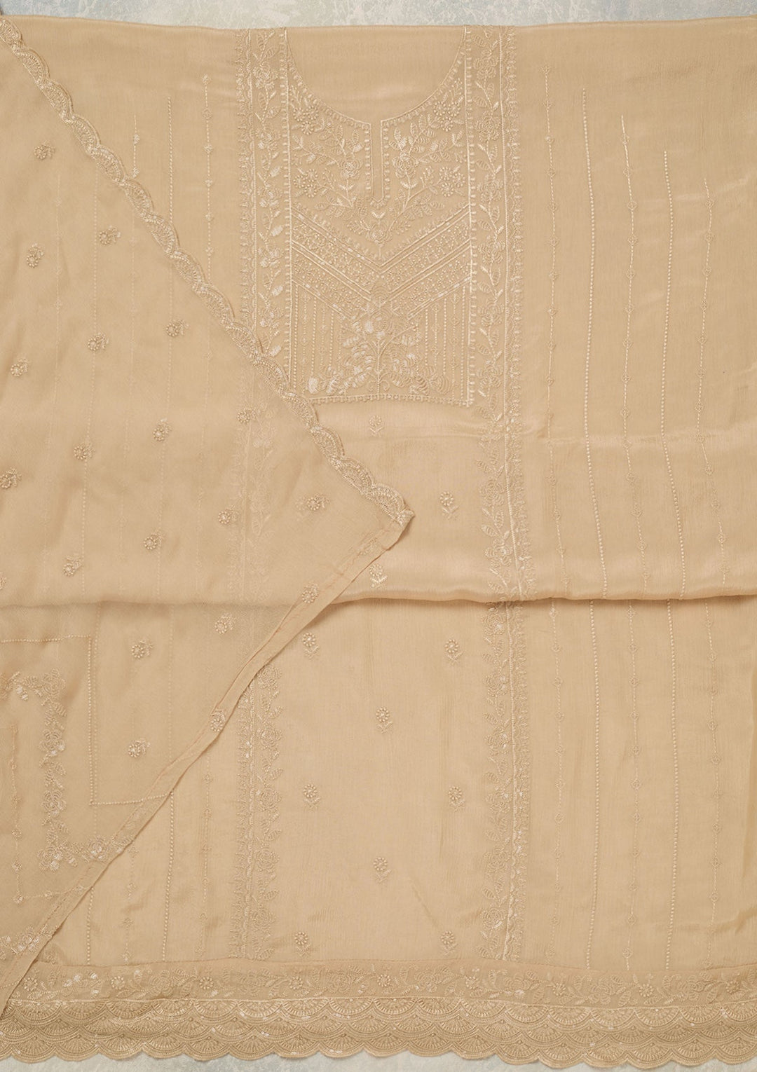 Beige Threadwork Chinon Unstitched Salwar Suit_koskii