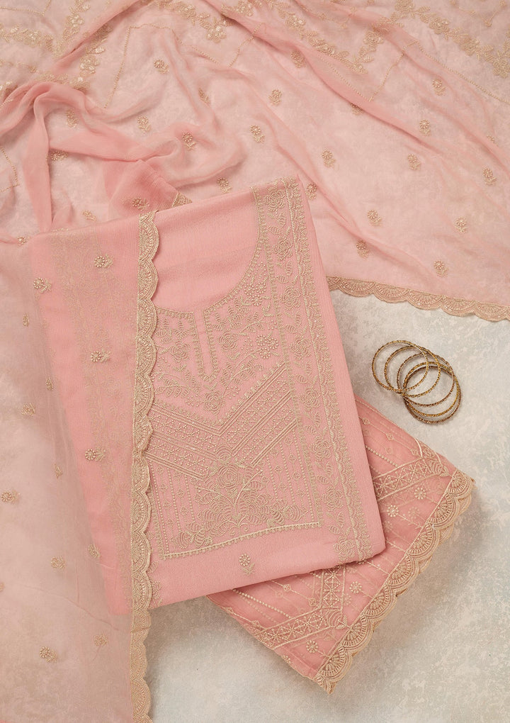 Peach Threadwork Chinon Unstitched Salwar Suit_koskii