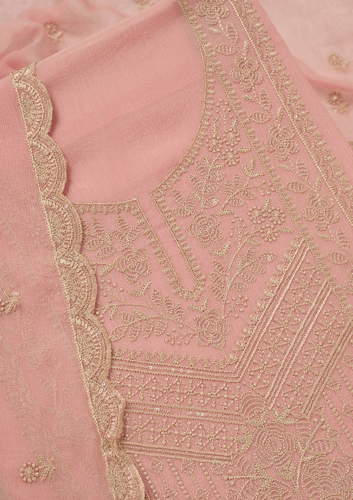 Peach Threadwork Chinon Unstitched Salwar Suit_koskii