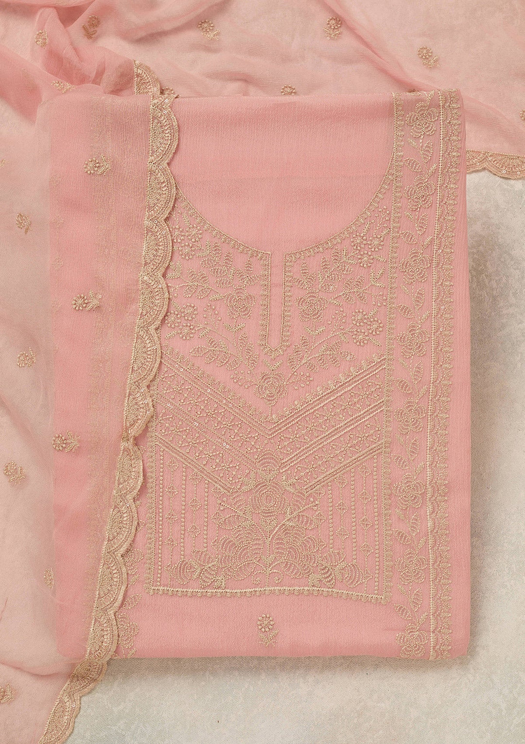 Peach Threadwork Chinon Unstitched Salwar Suit_koskii