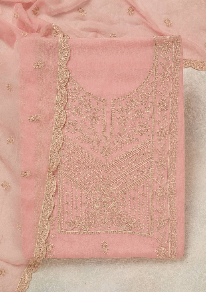 Peach Threadwork Chinon Unstitched Salwar Suit_koskii