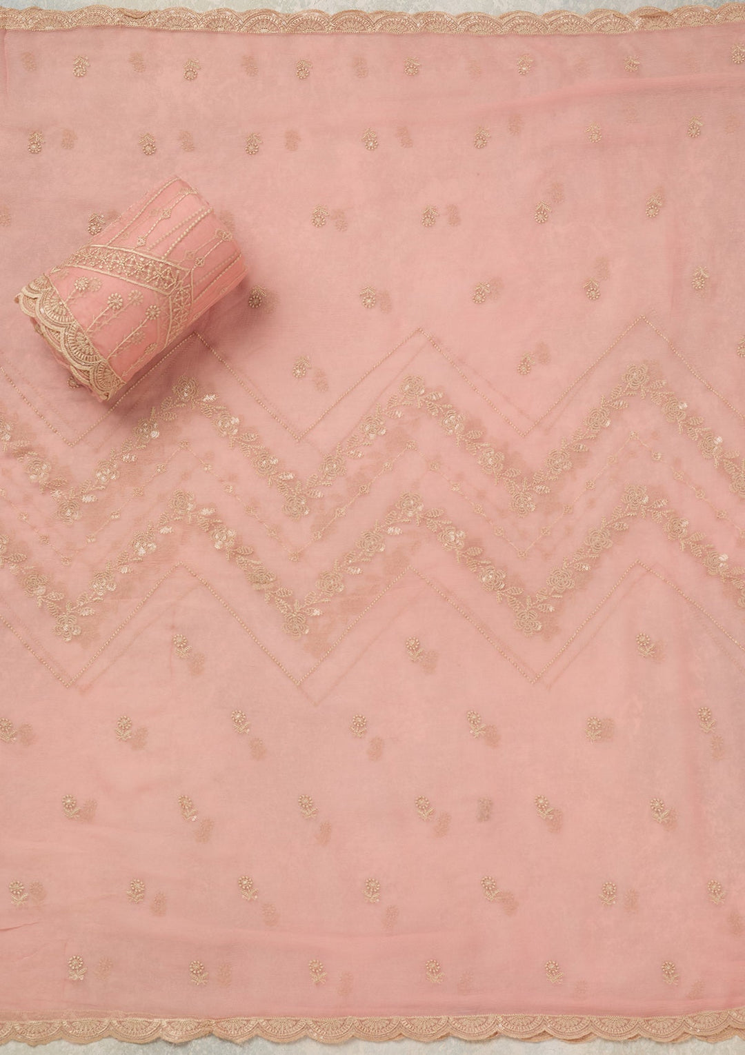 Peach Threadwork Chinon Unstitched Salwar Suit_koskii