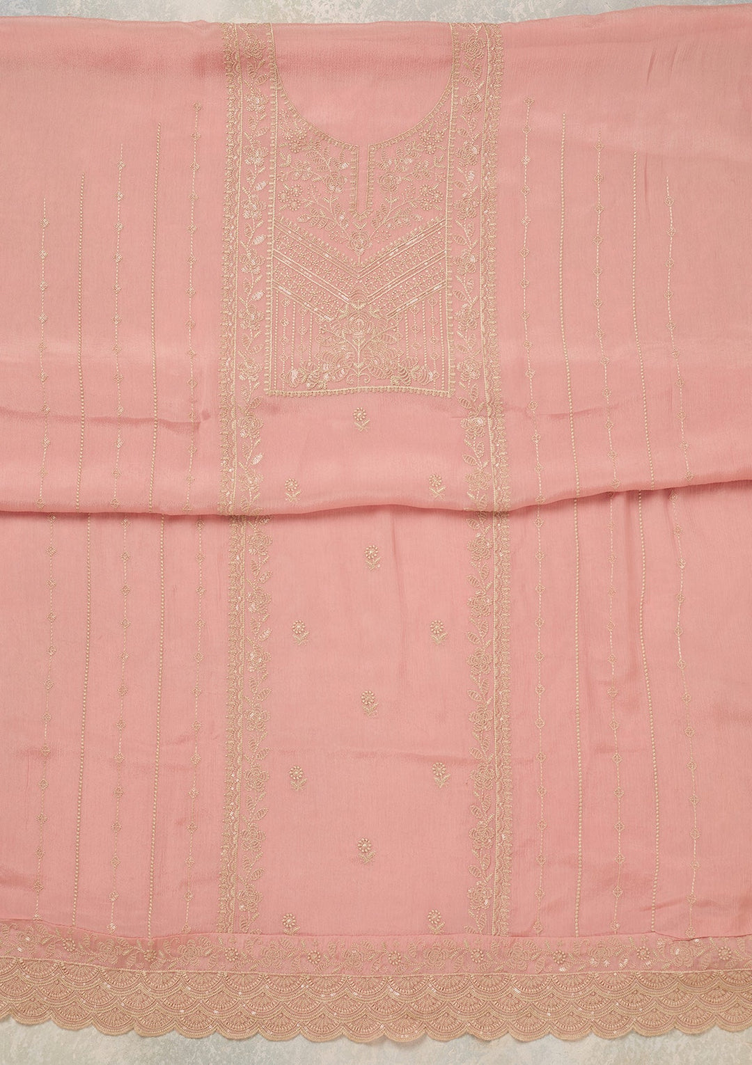 Peach Threadwork Chinon Unstitched Salwar Suit_koskii