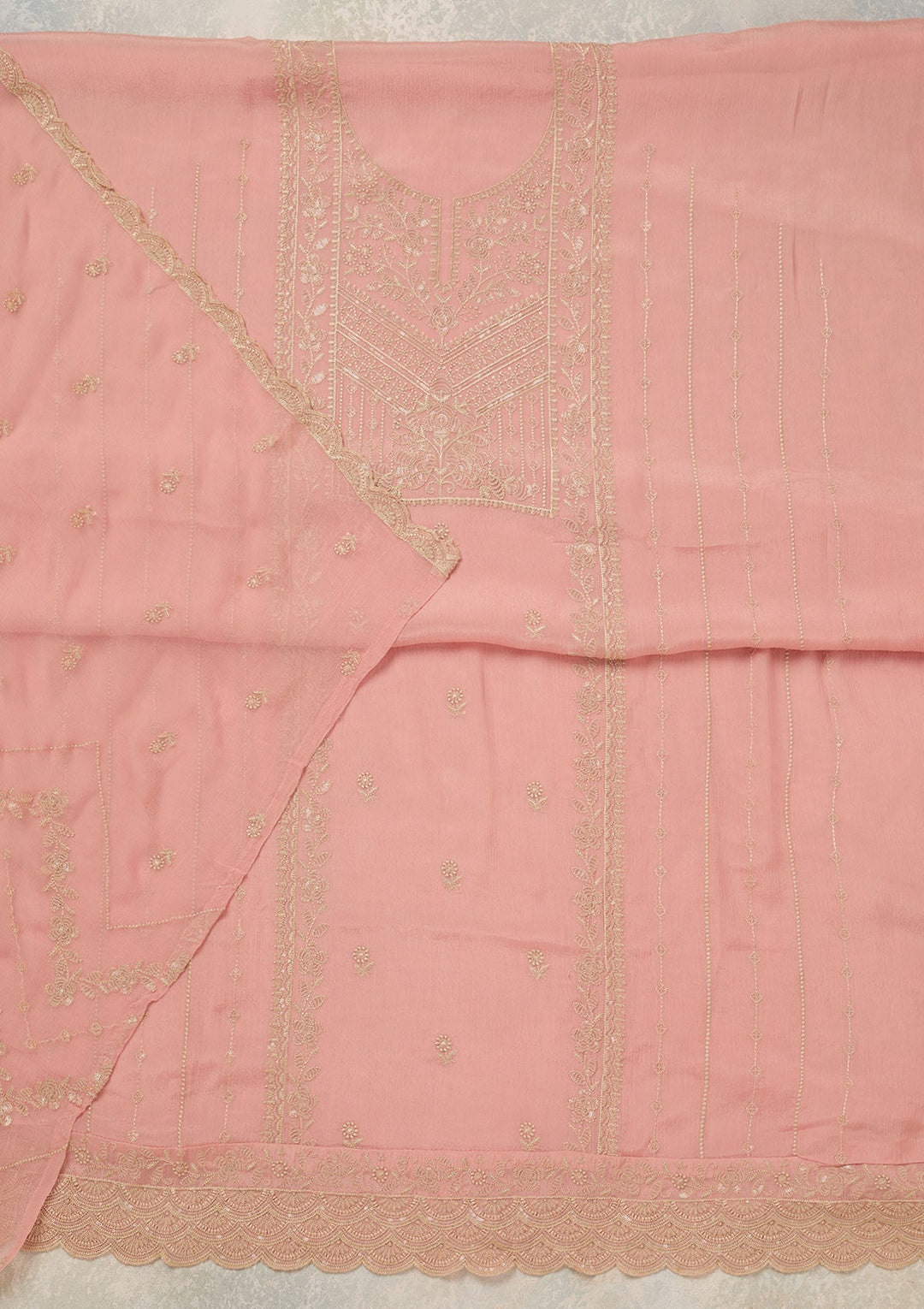 Peach Threadwork Chinon Unstitched Salwar Suit_koskii