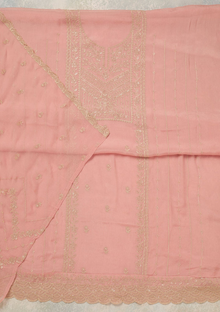 Peach Threadwork Chinon Unstitched Salwar Suit_koskii
