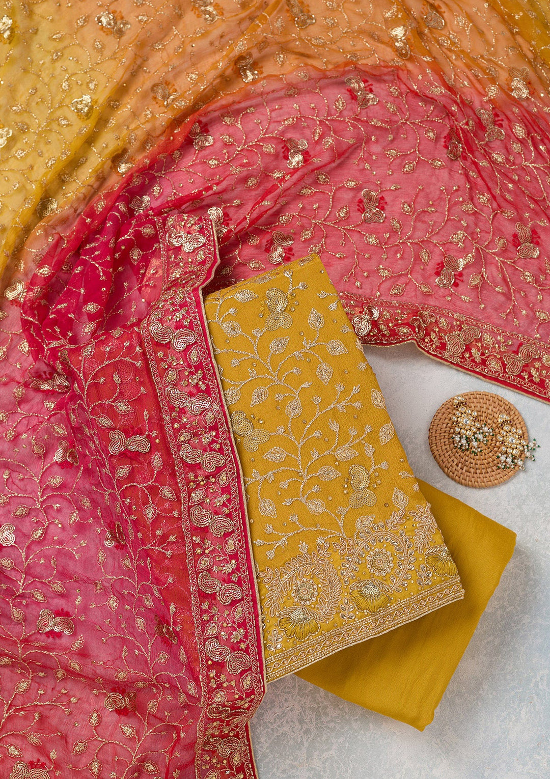 Mustard Zariwork Georgette Unstitched Salwar Suit-koskii