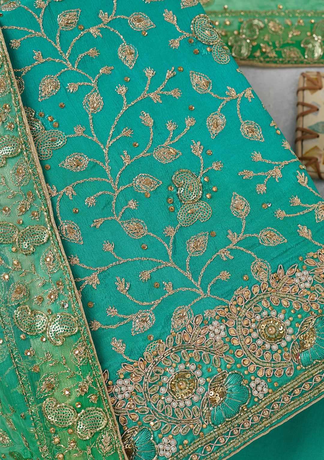 Sea Green Zariwork Georgette Unstitched Salwar Suit-koskii