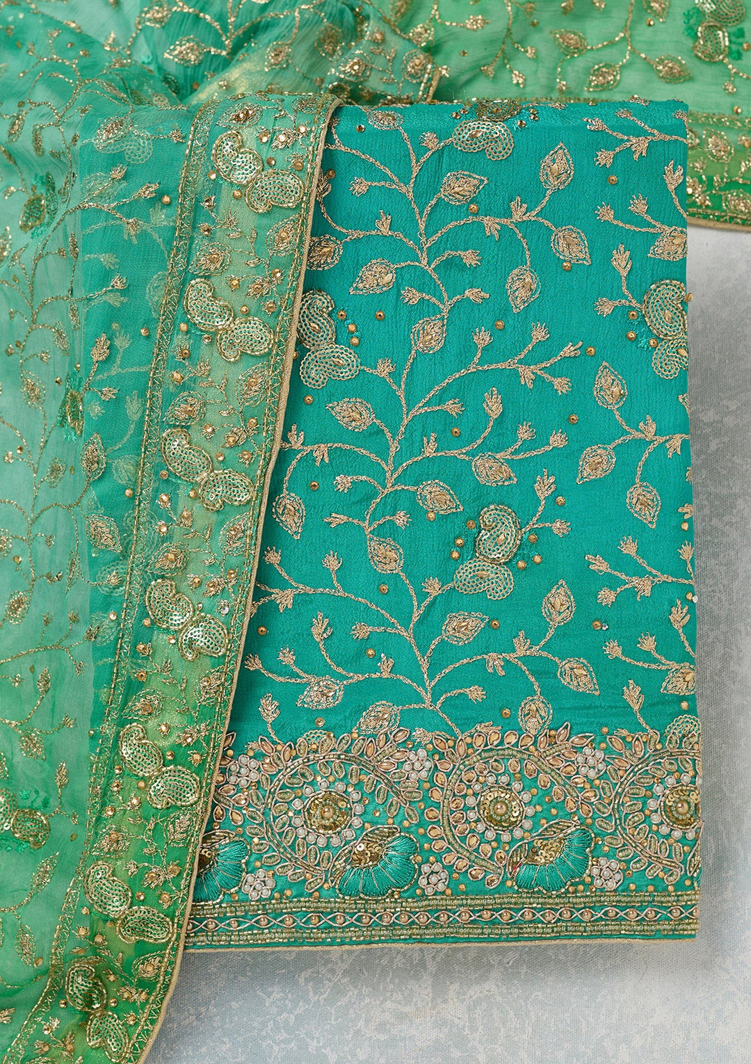 Sea Green Zariwork Georgette Unstitched Salwar Suit-koskii