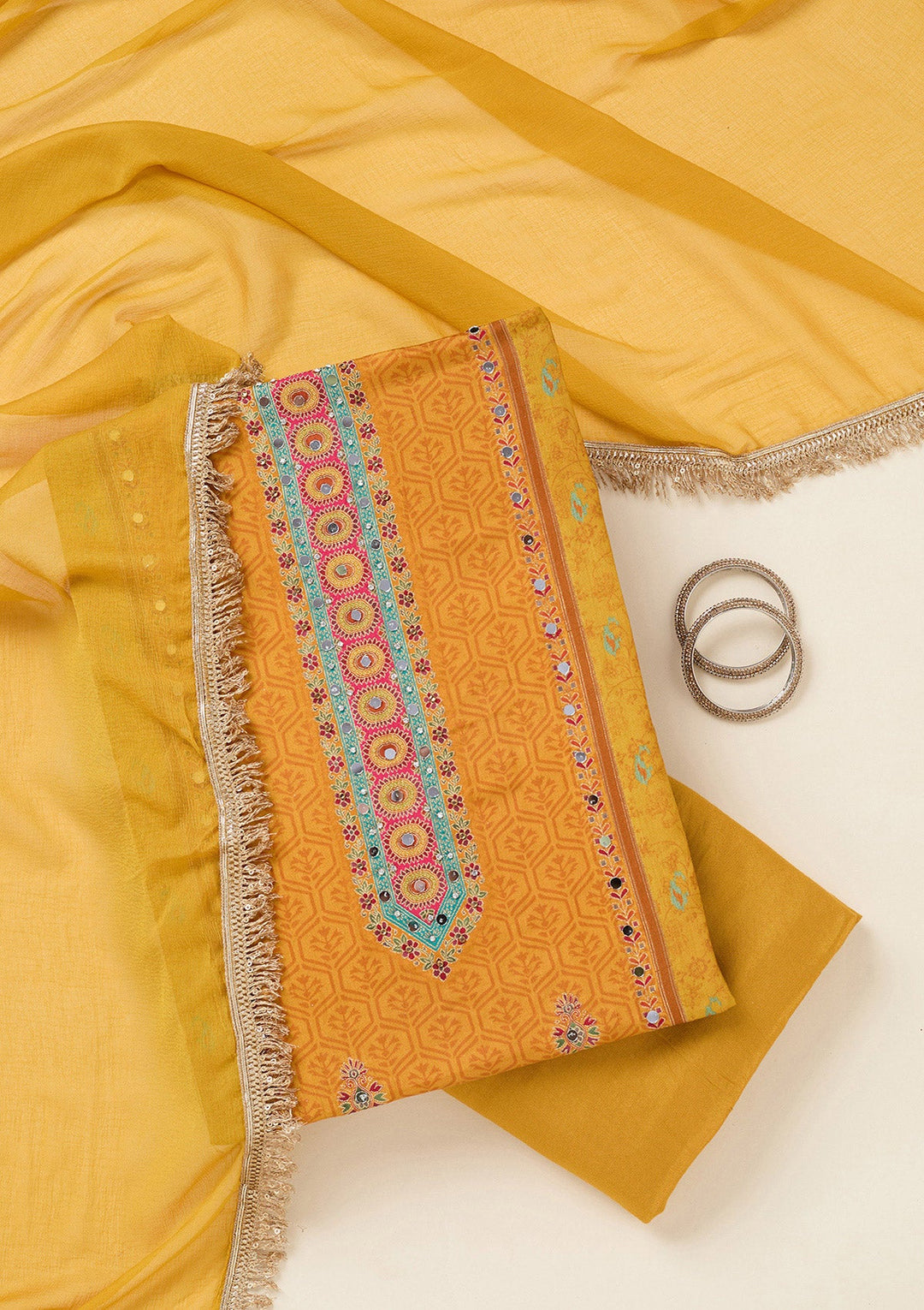 Mustard Zariwork Dola Silk Unstitched Salwar Suit-koskii